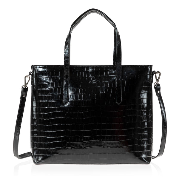 Cabas Tote Bag (Black Croc-Embossed)